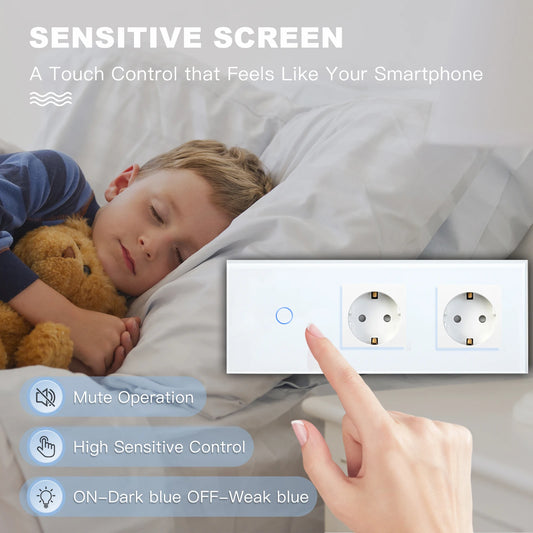 BSEED 1/2/3Gang Touch Licht Schalter 1Way Einfache Sensor Schalter Typ-c USB Steckdosen EU Standard glas Panel Blaue Hintergrundbeleuchtung 10A Weiß.