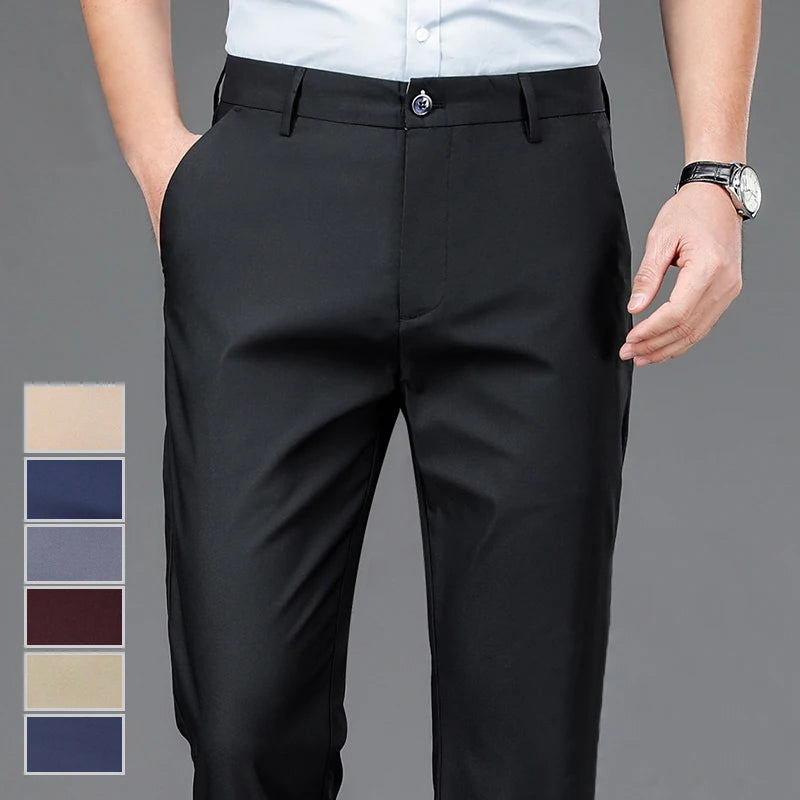 Male Pants Stretch Solid Black Smart Casual Men's Trousers Office Quick Dry Suit Pants New Spring Autumn Korean Straight Pants.