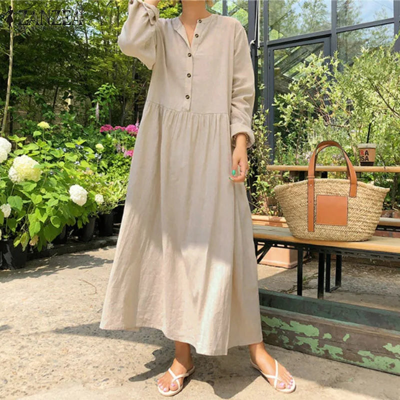Women's Elegant Solid Cotton Robe Femme 2022 Spring Autumn Bohemian Maxi Dress ZANZEA Casual Long Sleeve Shirt Dresses Oversized.