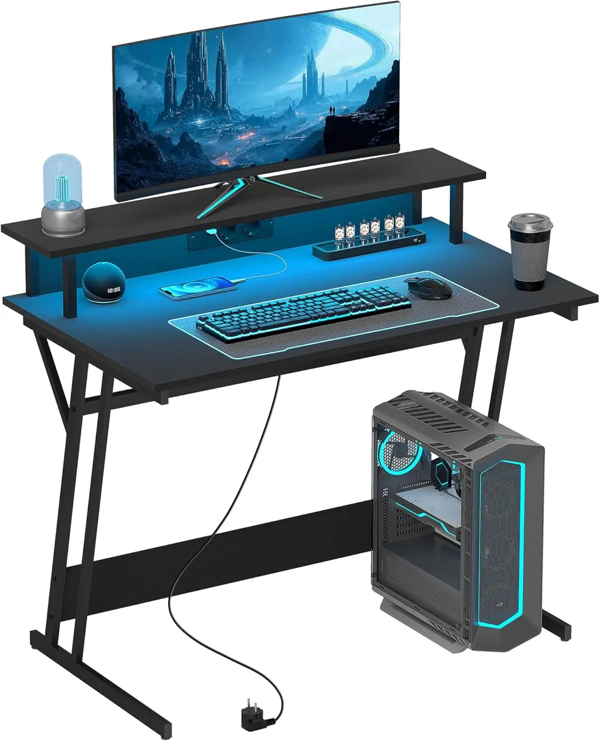 Gaming-Schreibtisch mit LED-Beleuchtung und Monitorständer, 100 x 60 cm Computer-Gaming-Tisch, PC-Tisch mit USB, TYP C und Fernbedienung