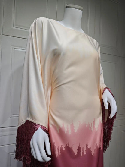 Uni Tassel Gradient Dubai Muslim Abaya For Woman O-Neck Elegant Casual Loose Moroccan Saudi Kebaya Fashion Party Dress 2025