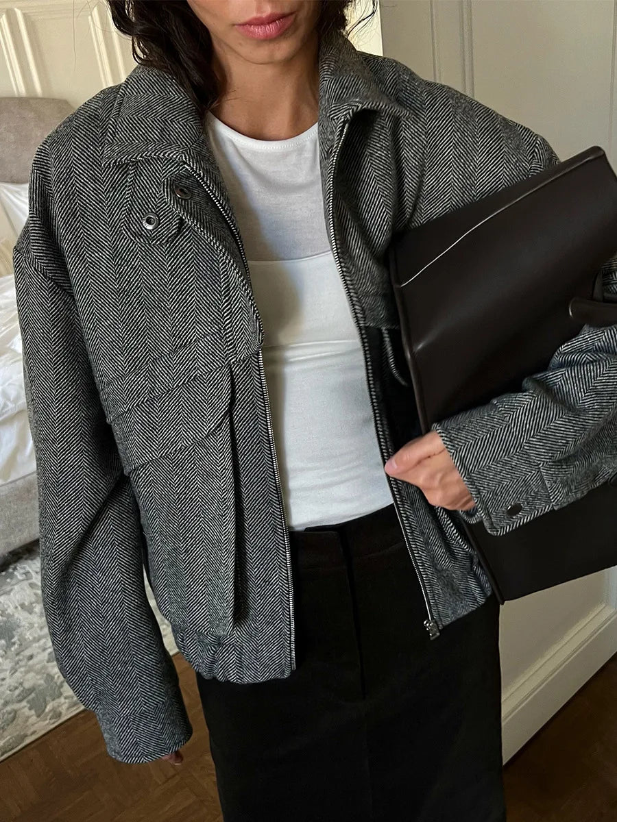 Tossy Autumn Grey Zipper Outwear Jackets Female Solid Loose Patchwork High Waist Cropped Top Coat Streetwear Women's Y2k Jackets.