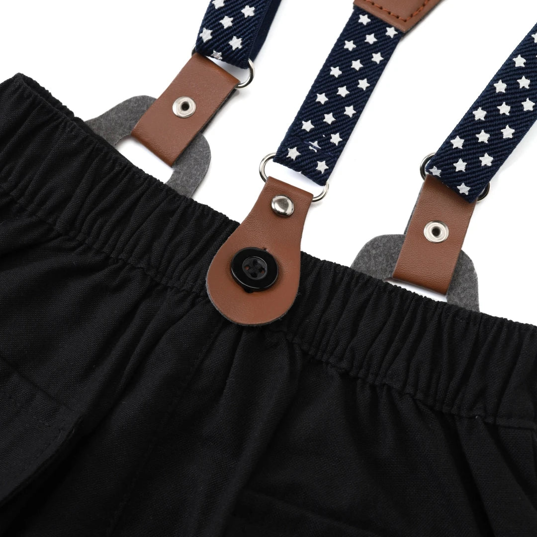 Black & White Classic Baby Boy Clothes Strap Set for Infant 1st Birthday Party Summer Short Sleeve Romper with Solid Shorts Suit.