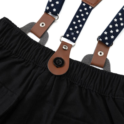 Black & White Classic Baby Boy Clothes Strap Set for Infant 1st Birthday Party Summer Short Sleeve Romper with Solid Shorts Suit.