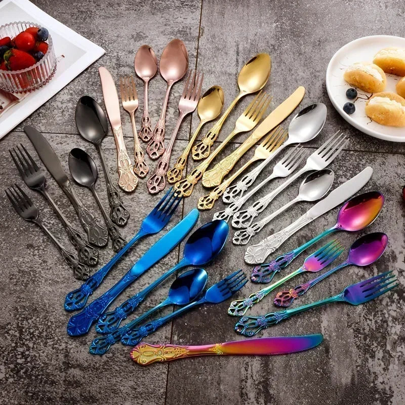 Golden Stainless Steel Cutlery Set Royal European Spoon Fork Complete Tableware Retro Design Dishwasher Safe Elegant Flatware.