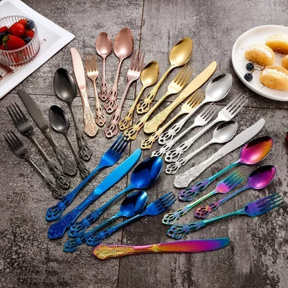 Golden Stainless Steel Cutlery Set Royal European Spoon Fork Complete Tableware Retro Design Dishwasher Safe Elegant Flatware.