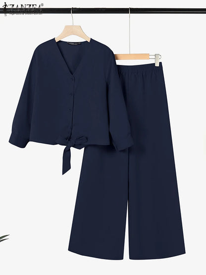 2025 ZANZEA Autumn Outfits 2PCS Women Work Matching Sets Fashion Spring Long Sleeve Blouse Pant Sets Casual Solid OL Tracksuits.