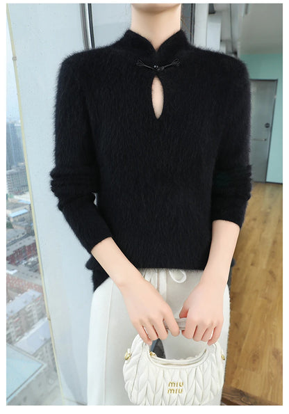 2024 autumn winter new 100% mink cashmere sweater women's pullover slim-fit long sleeve solid color stand collar bottom knitwear