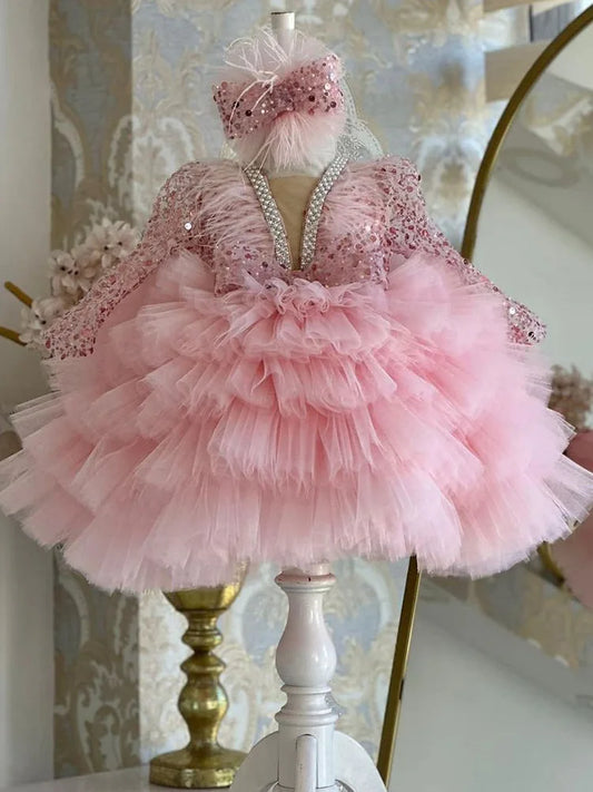 Wunderschönes und elegantes langärmliges Mädchenkleid mit V-Ausschnitt und Pailletten für Kinderklavieraufführungen, Laufsteg-Performance-Mesh-Kuchenkleid