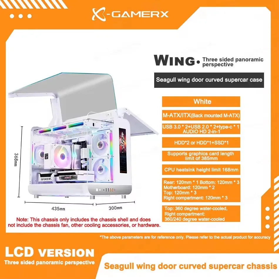 X-GAMERX HUANYI WING MATX Seaview room Case Vertical Desktop Computer 360 Water-cooled Chassis TYPE-C Interface With Screen