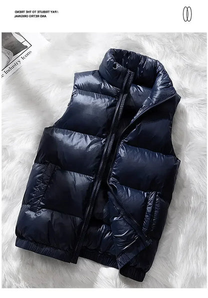 Vest Winter Hooded Glossy Cotton Vest Casual Waistcoat Men's Sleeveless Jacket Warm Overcoats Zipper Solid Color Mens Warm Vests.