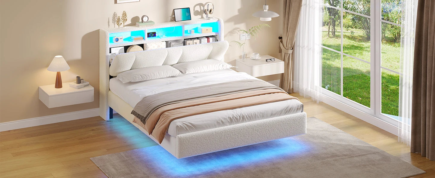 140 x 200 cm großes Polsterbett mit Doppelbettrahmen und LED-Beleuchtung und Ladestation. Kopfteil inklusive schwebendem Bettdesign