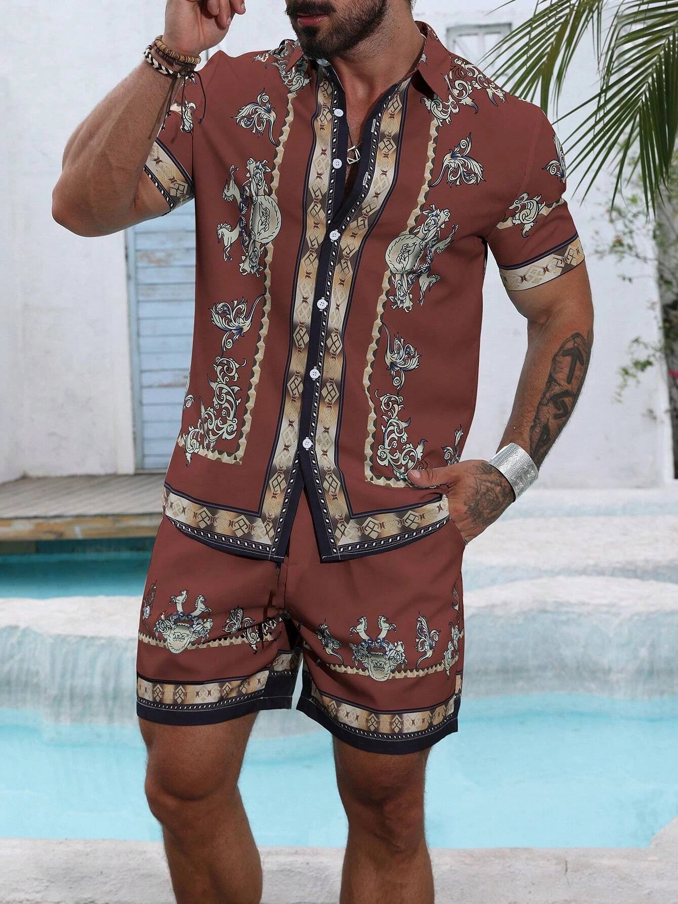 Baroque Luxury Printed Men's Shirt Shorts 2 Piece Set Summer Casual Shirt Hawaiian Beach Short-sleeved Men's Suits Clothing.