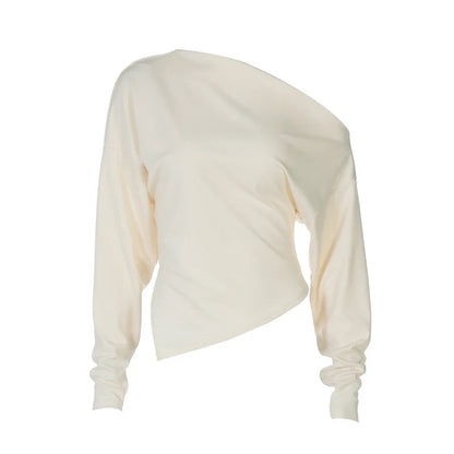 Mozision Inclined Shoulder Long Sleeve Sexy T-shirt Women Autumn Fashion Solid Skew Collar Backless Ruched Club Party T-shirts