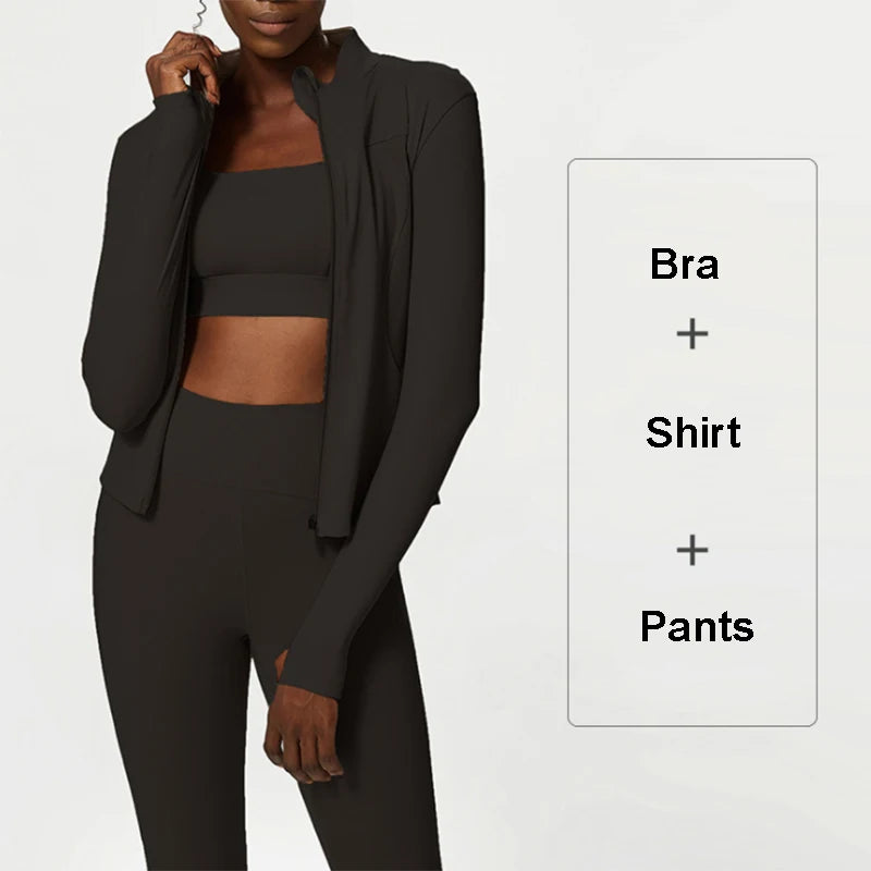 3Pcs Fitness Yoga Set Women Workout Athletic Clothing Long Sleeve Shirt Gym Bras High Waist Leggings Tights-Fitting Sportswear.