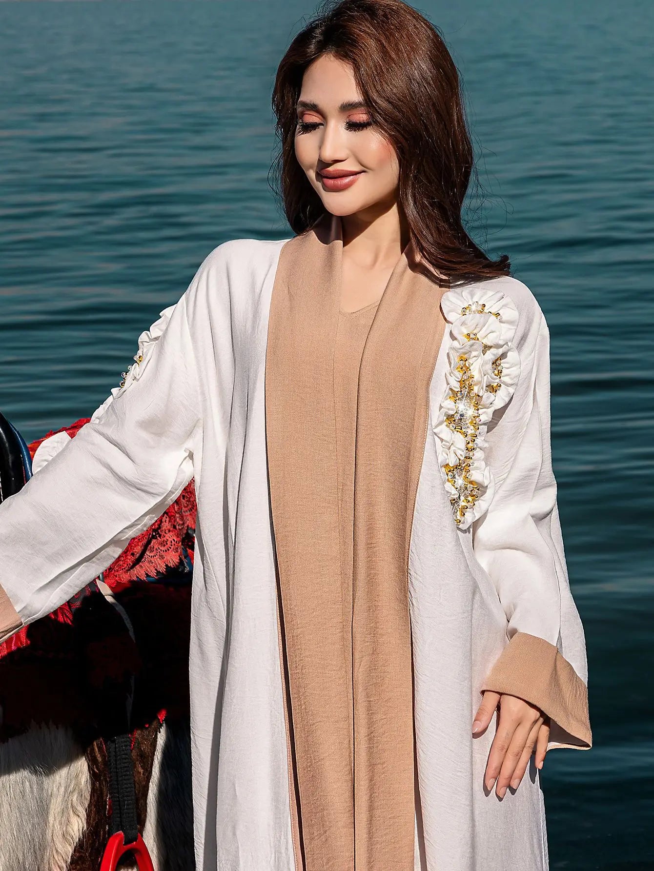 Ramadan Eid White Kimono 2 Piece Abaya Damen Dubai Luxury Set Islam Muslim Modest Dress Women Kebaya Kaftan Robe Femme Musulman.