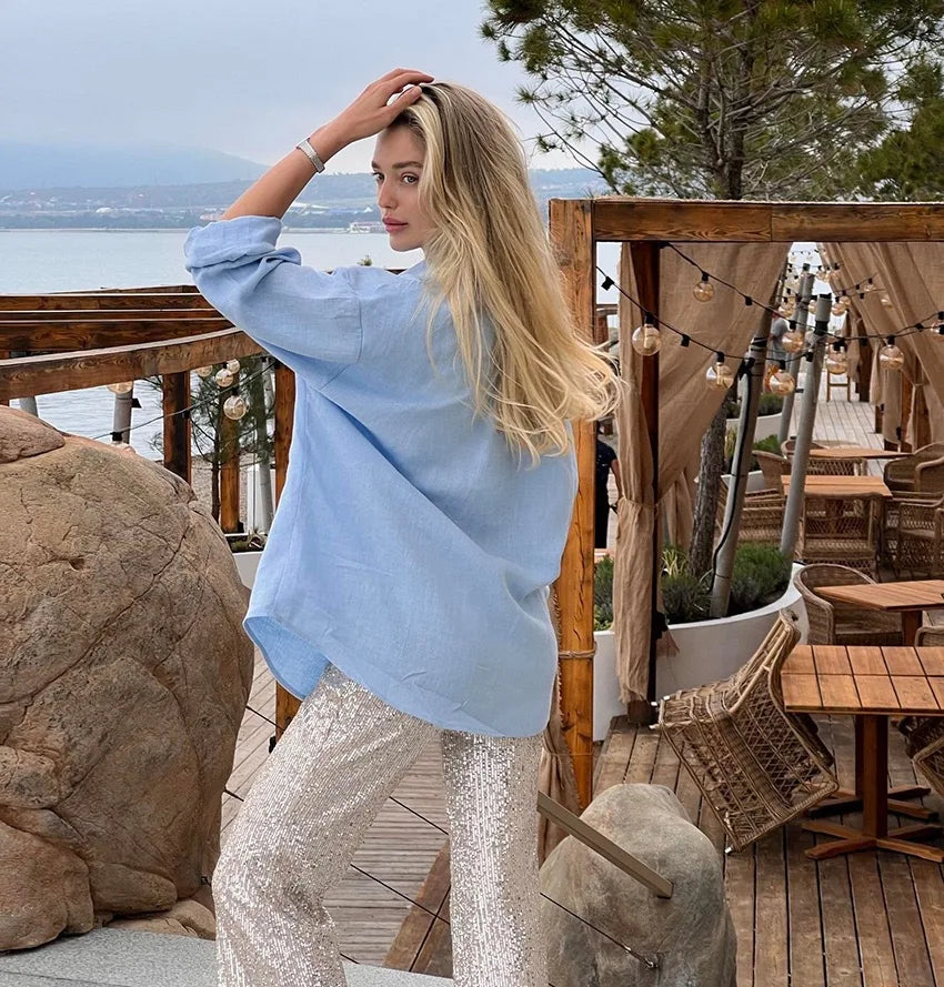 2025 Women's Oversize Shirt Long-sleeved Button Cardigan Pink Lapel Simple Korean Version White Top Blue Blouses for Female.