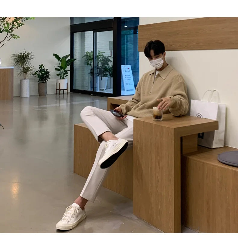 Half Zipper Sweater Men's Autumn and Winter Japanese Retro Korean Lapel Sweater Loose Casual Thread Trend.