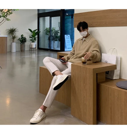 Half Zipper Sweater Men's Autumn and Winter Japanese Retro Korean Lapel Sweater Loose Casual Thread Trend.