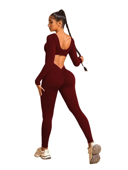 Long sleeve trousers jumpsuits, back cut design, beautiful hip line, clothing suitable for sports and exercise.