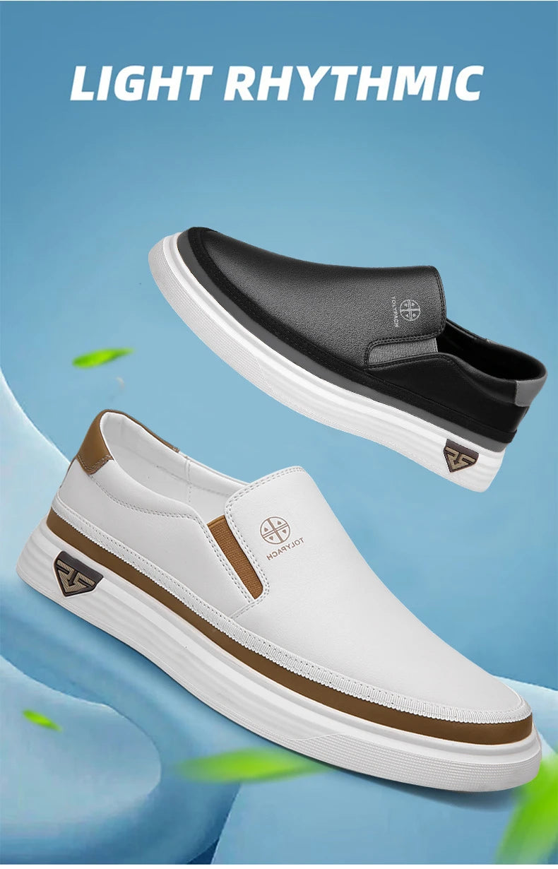 New 2025 Men's Genuine Leather Casual Sneakers Spring Summer Fashion Slip-On White Shoes Soft Sole Comfortable for Everyday Wear.