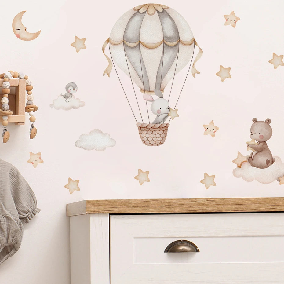 Cartoon Hot Air Balloon Animals Bear Rabbits Wall Stickers for Child Room Boy Room Decoration Nursery Baby Room Decoration Decal.
