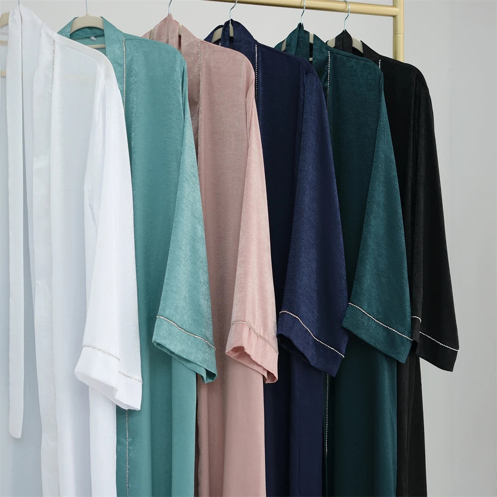 Ramadan Eid Open Satin Shimmer Kimono Abaya Damen Dubai Luxury Islam Muslim Kaftan Dress For Women Kebaya Robe Musulmane Femme.