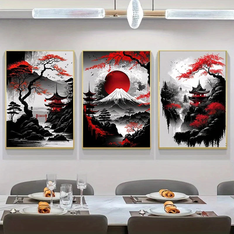 3pcs Frameless Japanese Natural Landscape Canvas Painting Black And Red Posters Vintage Ink Art Wall Prints For Living Room Home.