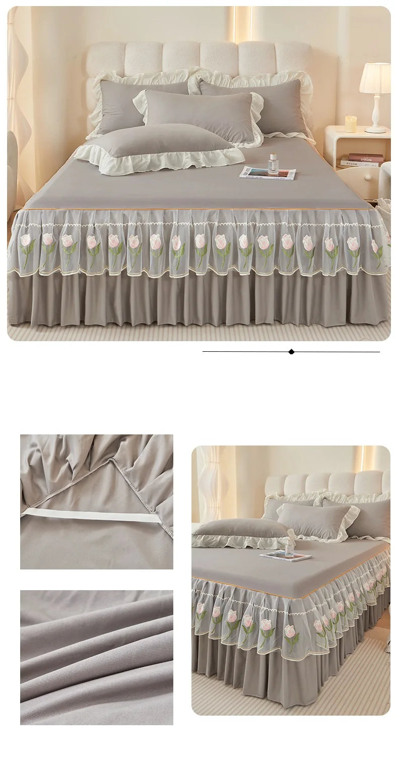 Floral Style Bed Skirt Embroidered Bed Cover Single/Queen/King Size Bed Linen Home Sheet with Skirt 침대스커트(Pillowcase Need Order).