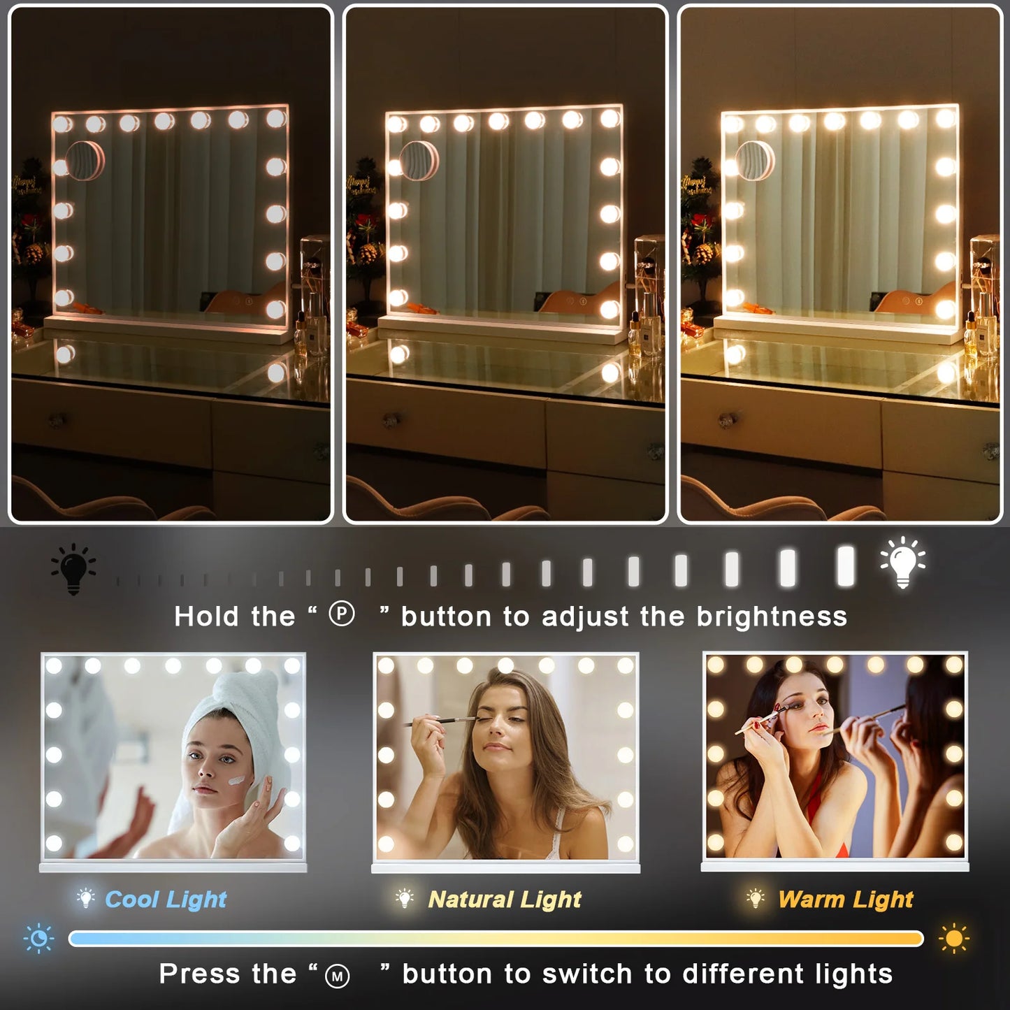 FENCHILIN Vanity Mirror with Lights Hollywood Lighted Makeup Mirror with 15 Dimmable LED Bulbs for Dressing Room Tabletop.