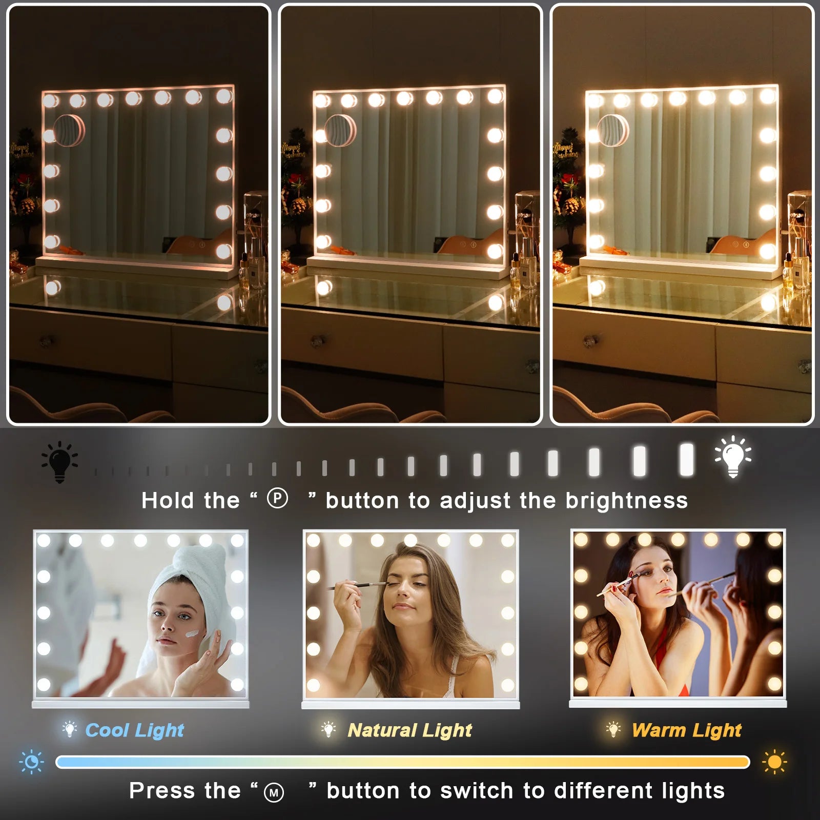 FENCHILIN Vanity Mirror with Lights Hollywood Lighted Makeup Mirror with 15 Dimmable LED Bulbs for Dressing Room Tabletop.