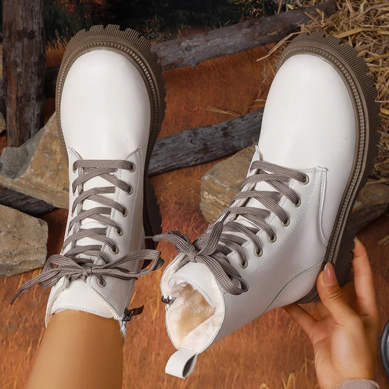 Autumn Winter Short Plush Ankle Boots Women Fashion Lace Up Pu Leather Platform Boots Woman Thick Sole Motorcycle Botas Mujer 42