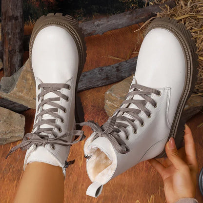 Autumn Winter Short Plush Ankle Boots Women Fashion Lace Up Pu Leather Platform Boots Woman Thick Sole Motorcycle Botas Mujer 42