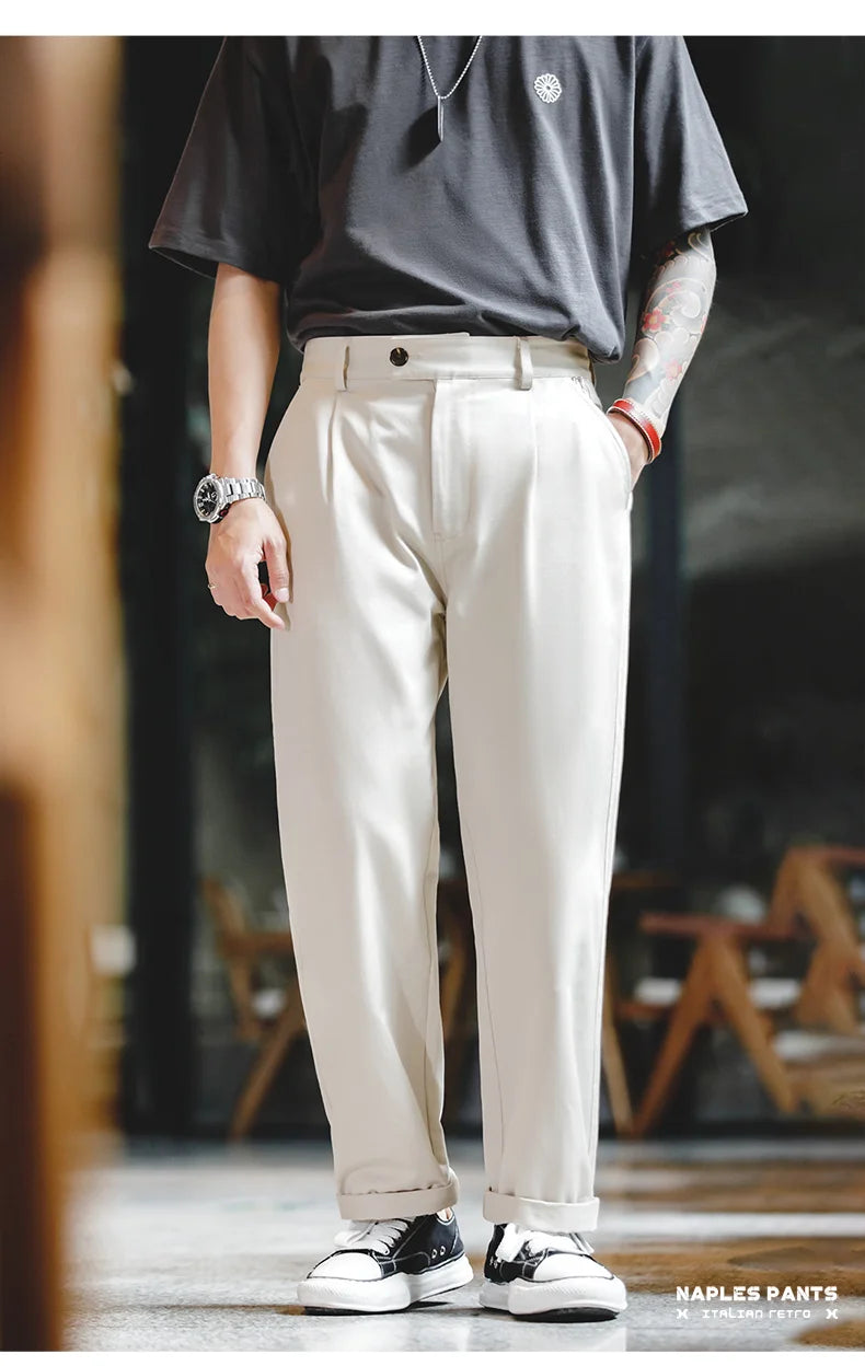 Maden Vintage Gentleman Naples Pants Korea Fashion Casual  Paris Button Straight Wide Trousers 100% Cotton Solid Work Suit Pants.