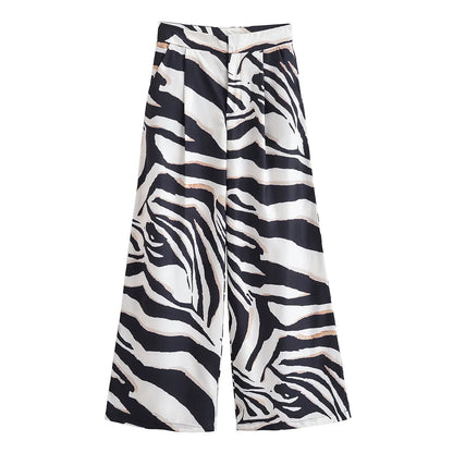 HH Women Pants Suit Fashion Zebra Stripes Single Breasted Sexy Sleeveless V-Neck Top+High Waist Zipper Casual Wide Leg Pants