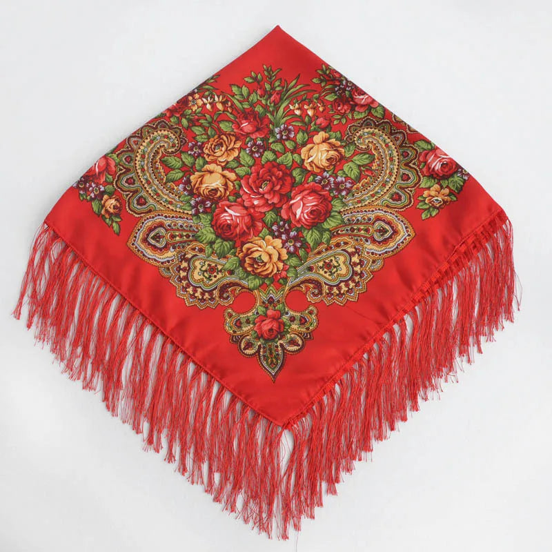 Women Luxury Floral Printed Russian Scarf Ukrainian Fringed Square Scarves Babushka Handkerchief Head Wraps Travel Shawl.