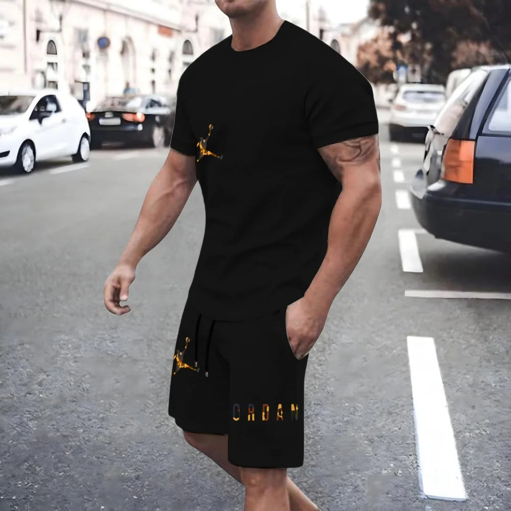 New men's fashionable casual clothing summer sports round neck short-sleeved T-shirt and drawstring shorts breathable suit.
