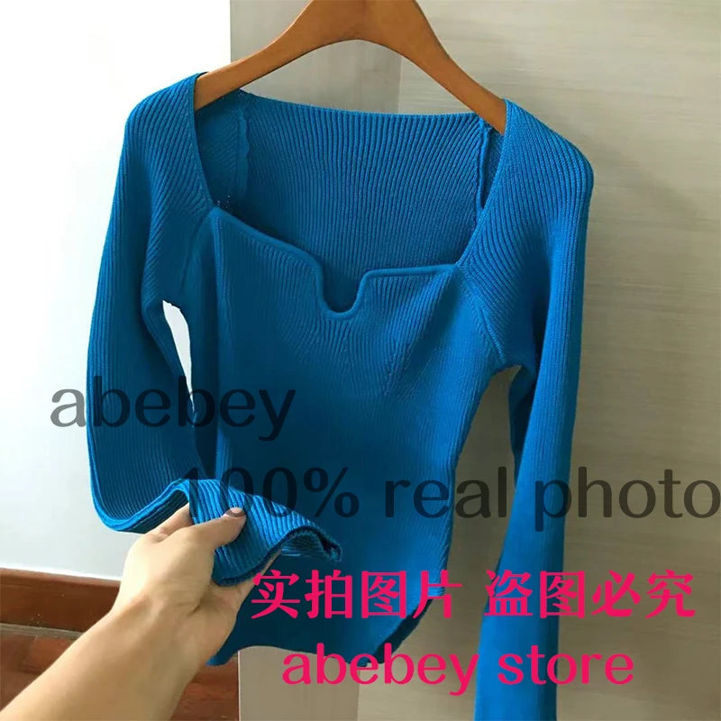 Quadrat Kragen Langarm Frau Pullover Gestrickte Pullover Frauen Frühling Herbst Pullover Winter Tops Für Frauen Schwarz Weiß Jumper