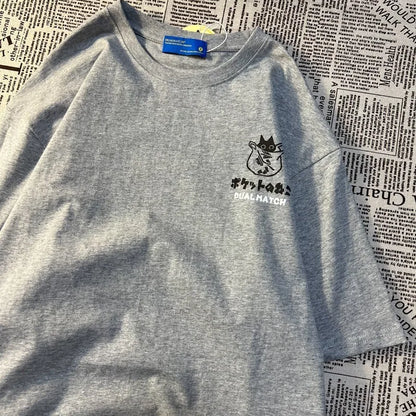 Sommer Japanische Retro Tasche Katze Cartoon Gedruckt Kurzarm T-shirt Männlich Weiblich Paare Unisex College Stil Übergroßen Top