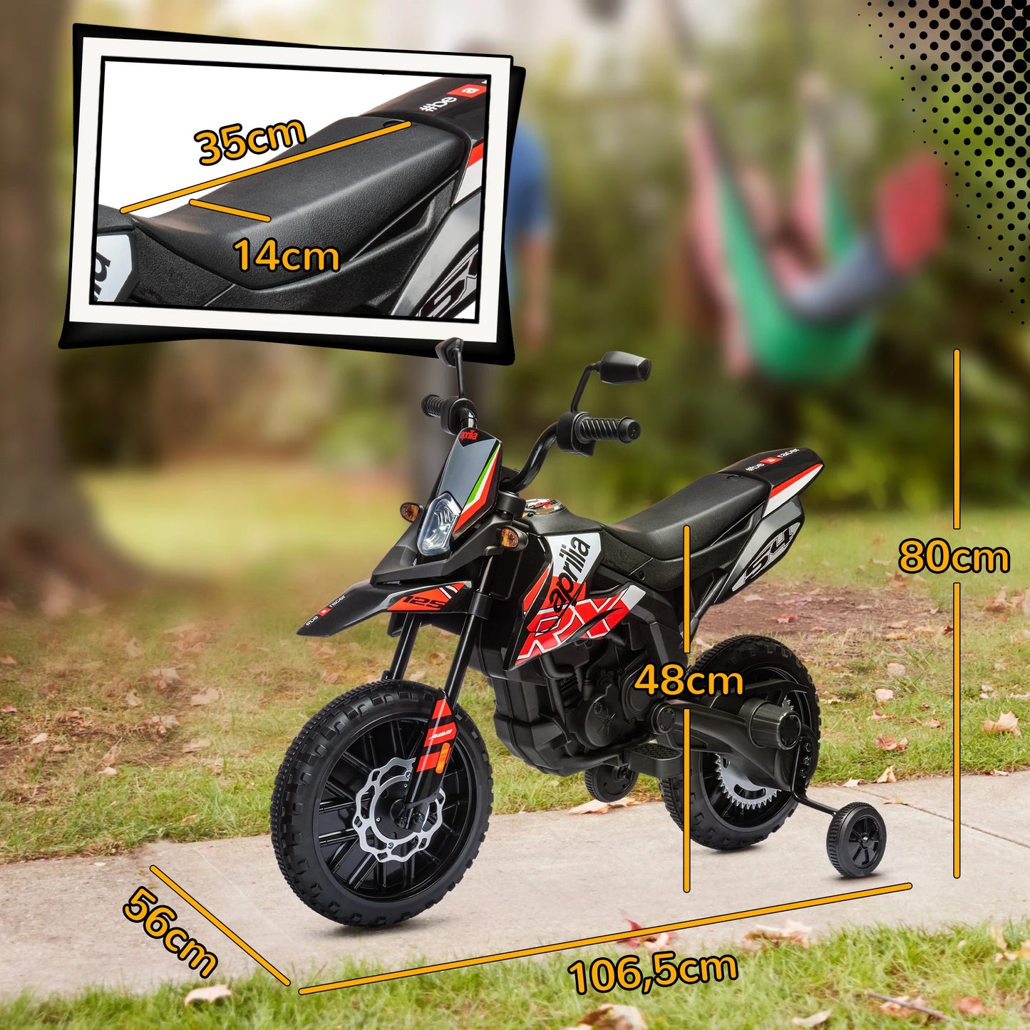 Aiyaplay Electric Motorcycle for Children 12V with Aprilia License, Children's Electric Motorcycle with Detachable Auxiliary Wheels, 6 Km/H, Rear Suspension, Headlight, Music and Usb, for Children 37-96 Months, Red.