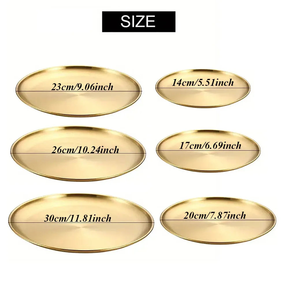 1Pcs Gold Stainless Steels Metal Round Plate Rust-Proof Shallow Tray Plate Camping Plate BBQ Picnic Dishes Cookware Tableware.