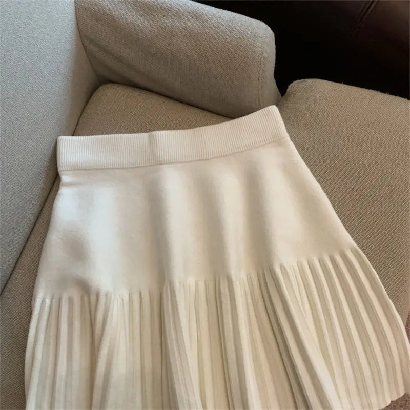 Pleated Mini Skirts Korean Sweet Knitted Skirts Sweet Elastic Waist Ladies Casual Youthful For Women's Clothes Solid Fashion New.