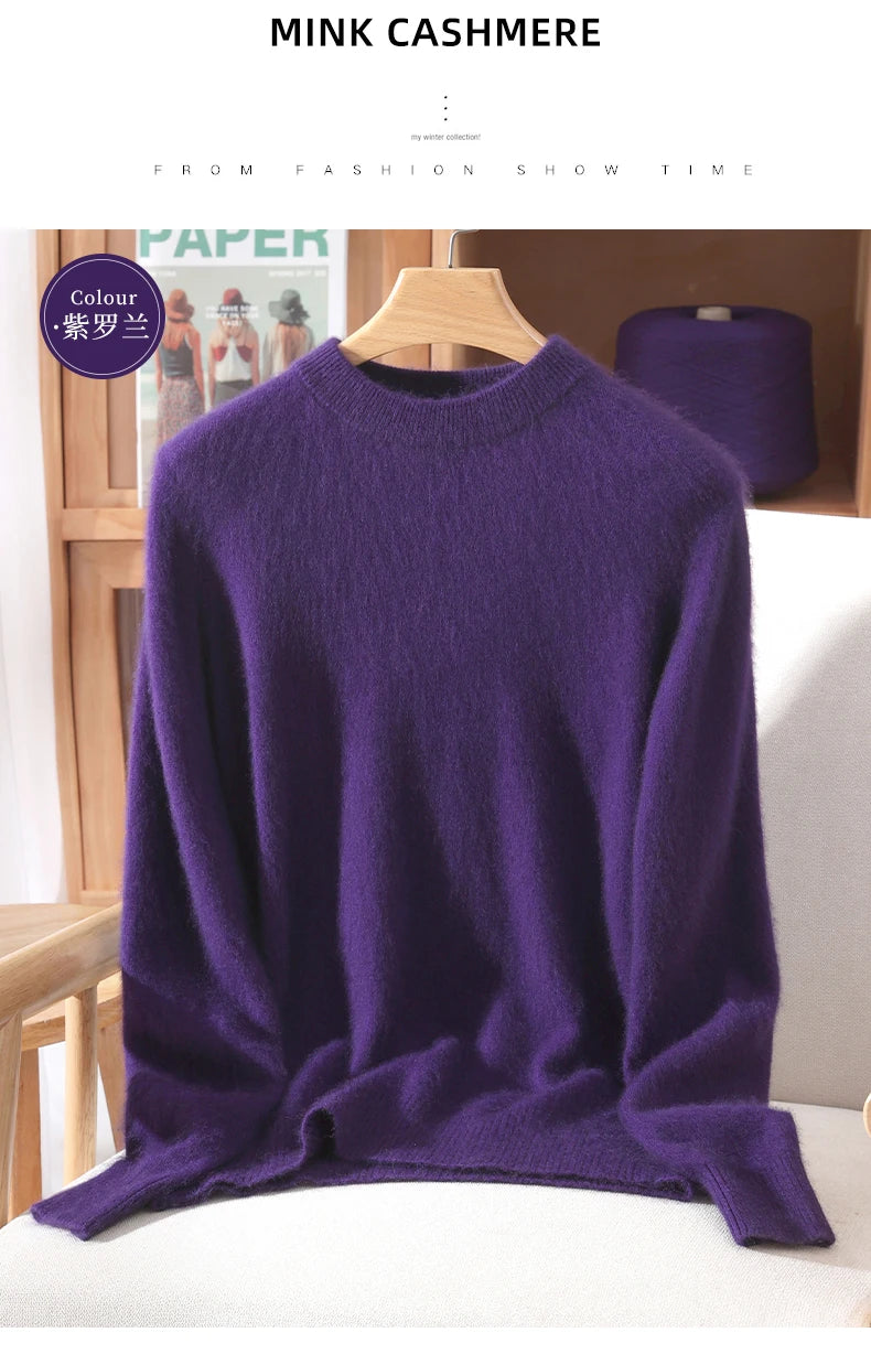 Women's Round-neck Mink Cashmere Sweater Soft Pullover Jumper Comfortable Knitted Top for Autumn Winter Pure Mink Material