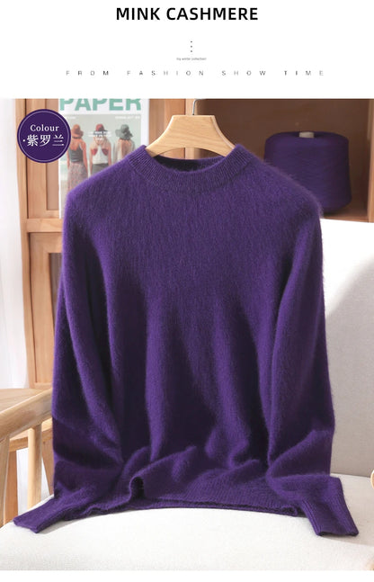 Women's Round-neck Mink Cashmere Sweater Soft Pullover Jumper Comfortable Knitted Top for Autumn Winter Pure Mink Material