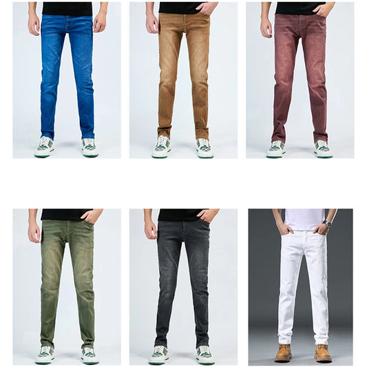 2025 Autumn Men's White Slim Fit Straight Jeans Casual Stretch Denim Pants Comfortable Fashion Streetwear Male Brand Clothing.