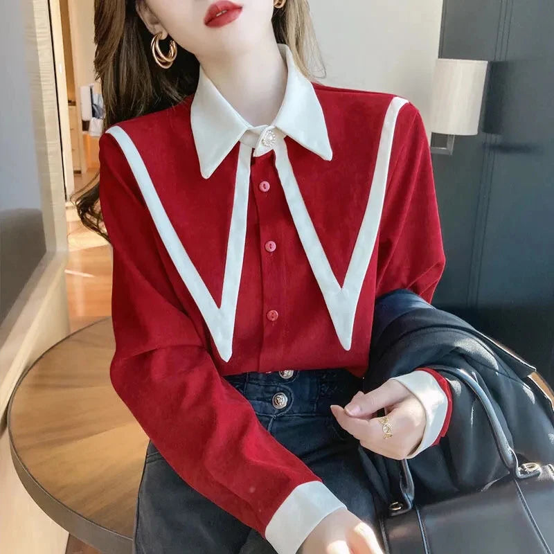 MEXZT Vintage Chiffon Shirts Women Elegant Patchwork Long Sleeve Blouses Office Lady Korean Black Turn Down Collar Casual Tops.