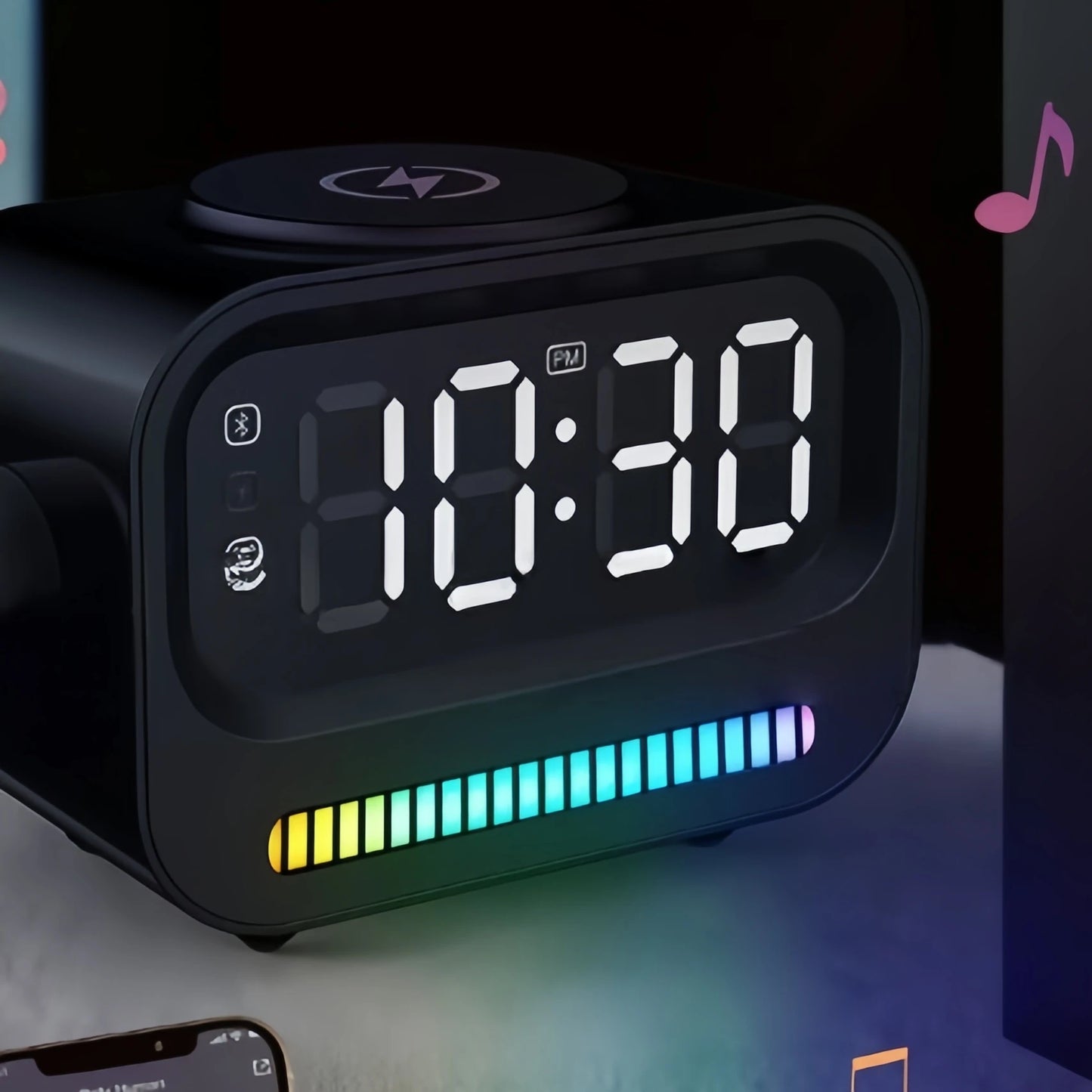 Modern Bluetooth Alarm Clock loudspeaker with 15W Wireless Charging, Night Light & Ambience Light.