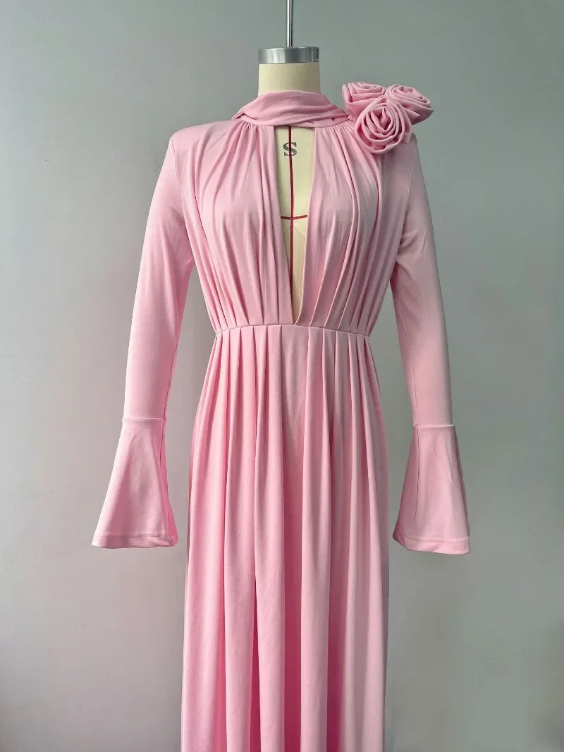 Elegante Y2K Mode Lange Flare Hülse V-ausschnitt Floral Schlitz Party Abendkleid Robe Vintage Frauen Falten Langes Kleid.