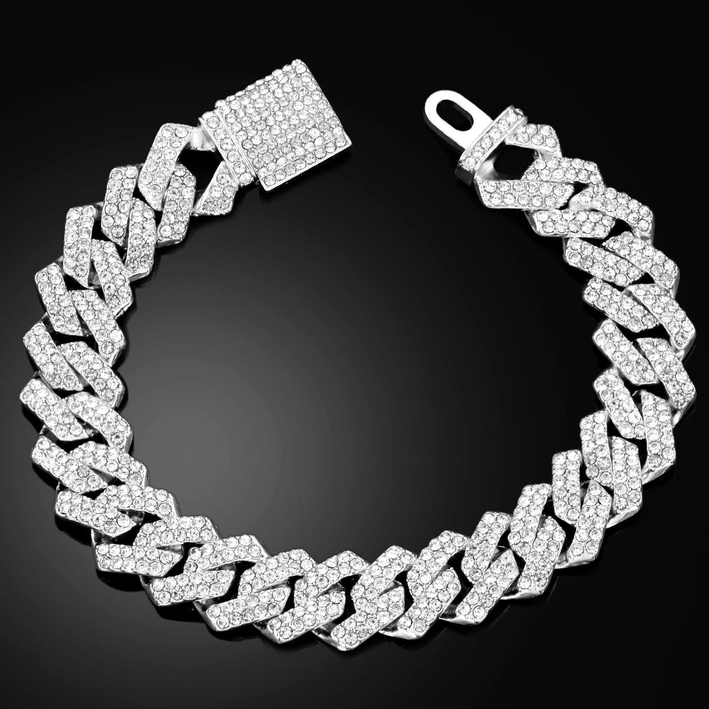 14MM Iced Prong Link Cuban Chain Bracelets for Men Women Full Rhinestones Chunky Miami Cuban Bracelet Punk Hip Hop Jewelry Gift.