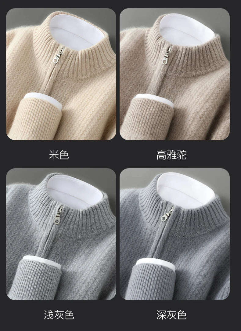 Men's 100% Merino Wool Thicken Sweater Half Zipper Mock Collar Pullover Autumn Winter Cashmere Knitwear Business Casual Clothing.